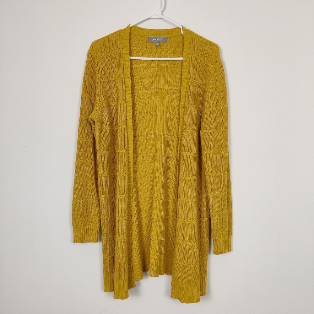 Marled Women's Open Front Cardigan in Gold Yellow Size Large Cotton Ribbed